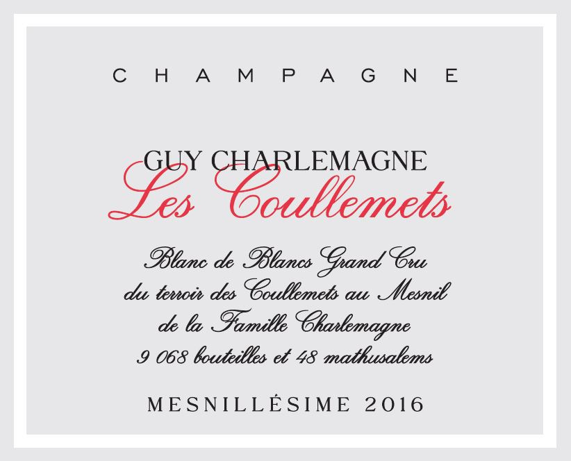 etiquette - Champagne Guy Charlemagne - Champagne Grand Cru Blanc de Blancs Les Coullemets Mesnillésime 2016