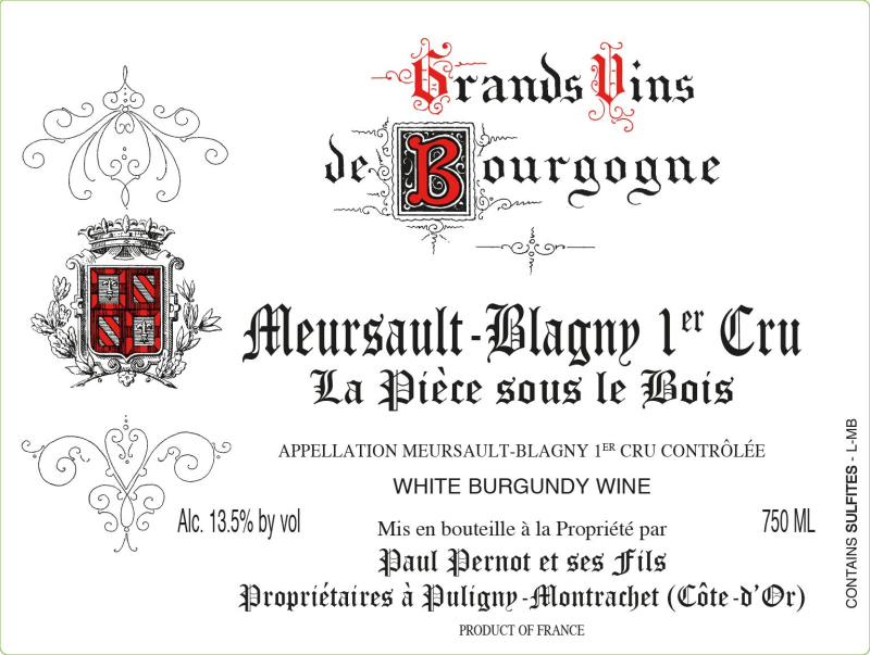 etiquette - Meursault Blagny 1er Cru La Pièce Sous Le Bois - Domaine Pernot Paul - Domaines et Saveurs Collection