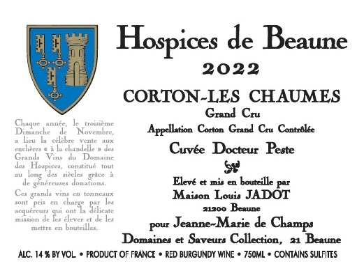 etiquette - Corton Grand Cru Les Chaumes Cuvée Docteur Peste 2022 - Domaines Et Saveurs Collection, Hospices de Beaune - Domaines et Saveurs Collection