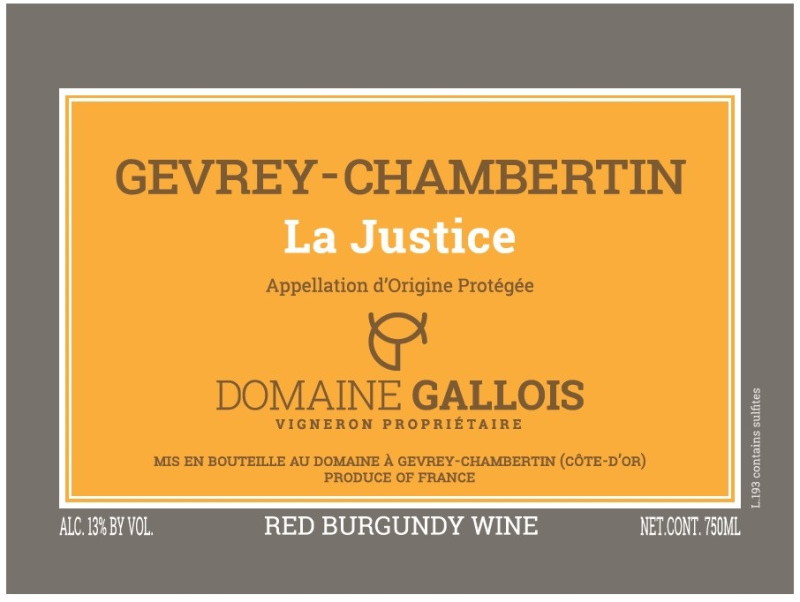 etiquette - Gevrey Chambertin La Justice - Domaine Gallois - Domaines et Saveurs Collection