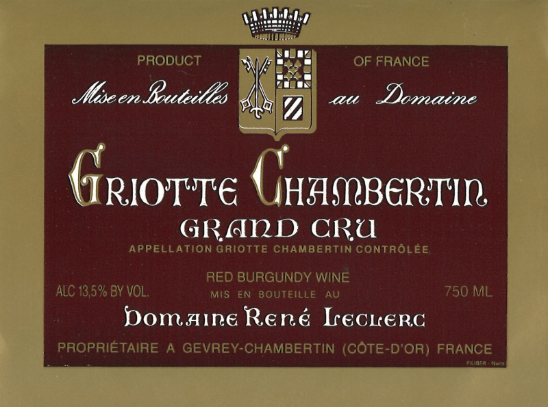 etiquette - Griotte Chambertin Grand Cru - Domaine Leclerc René - Domaines et Saveurs Collection