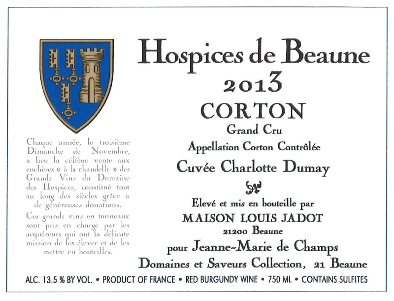 etiquette - Corton Grand Cru Cuvée Charlotte Dumay 2013 - Domaines Et Saveurs Collection, Hospices de Beaune - Domaines et Saveurs Collection