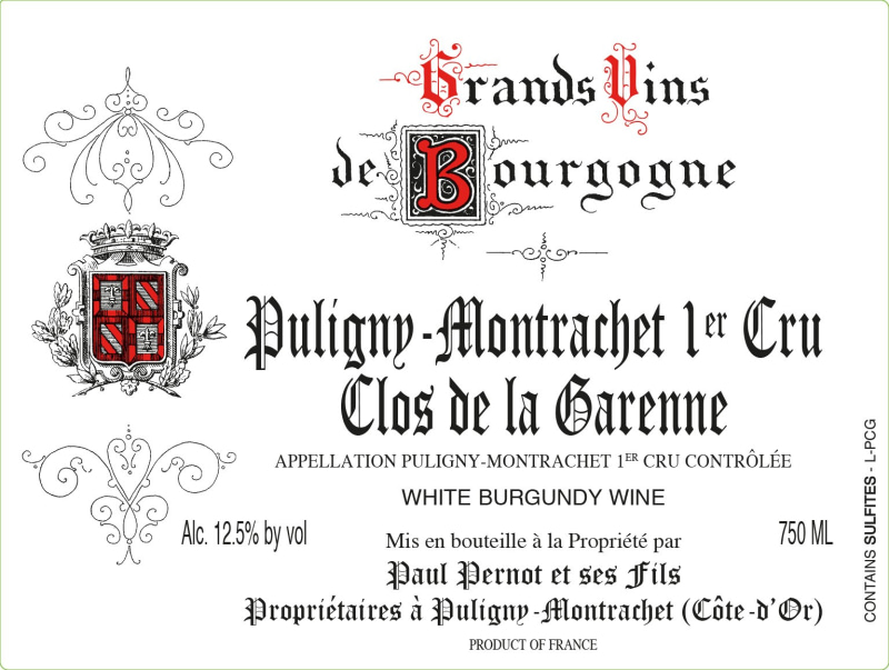 etiquette - Puligny Montrachet 1er Cru Clos De La Garenne - Domaine Pernot Paul - Domaines et Saveurs Collection