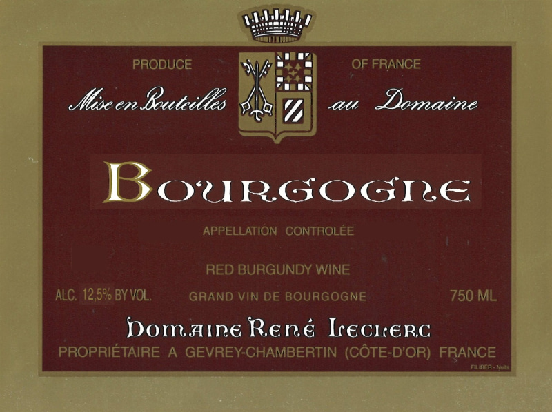 etiquette - Bourgogne Pinot Noir - Domaine Leclerc René - Domaines et Saveurs Collection