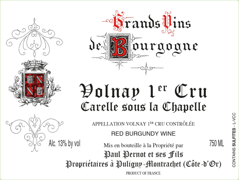 etiquette - Volnay 1er Cru Carelle Sous La Chapelle - Domaine Pernot Paul - Domaines et Saveurs Collection