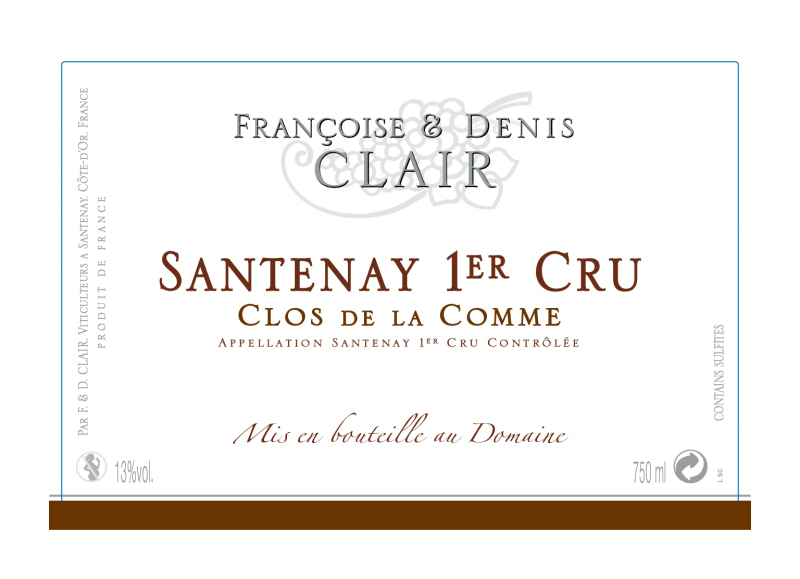 etiquette - Santenay 1er Cru "Clos de la Comme" - Domaine Clair Françoise et Denis - Domaines et Saveurs Collection