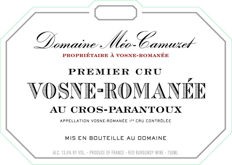 etiquette - Vosne Romanée 1er Cru Cros Parantoux - Domaine Méo-Camuzet - Domaines et Saveurs Collection